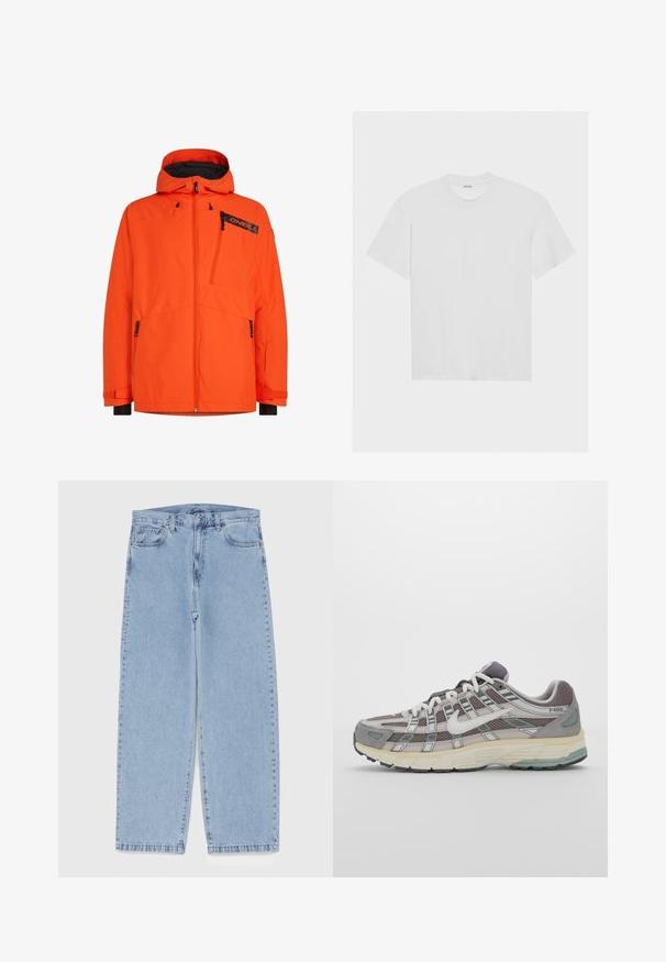 Oranje waterdichte jas met een capuchon, voorzien van ritssluitingenzakken, elastische manchetten en een zwart merkl logo. Vlotte textuur en modern design.; Witte katoenen t-shirt met korte mouwen, ronde hals en een losse pasvorm. Glad textuur en geen zichtbare patronen of accenten.; Lichtblauwe denim jeans met een recht model, voorzien van een middelhoge taille, vijf zakken en een knoop- en ritssluiting.; Grijze sportieve schoen met een bovenwerk van mesh en suede, witte accenten, een gevoerde zool en een onderscheidend ontwerp met reflecterende elementen.