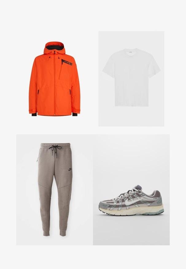 Veste imperméable orange avec capuche, dotée de poches zippées, de poignets élastiques et d'un logo de marque noir. Texture lisse et design moderne.; T-shirt en coton blanc à manches courtes, col rond et coupe décontractée. Texture lisse et sans motifs ni accents visibles.; Pantalon de survêtement gris Nike avec une taille élastique à cordon de serrage, des jambes fuselées, des poches latérales et un détail de couture distinct. Tissu doux et texturé.; Chaussure de sport grise avec une tige en mesh et en daim, accents blancs, semelle rembourrée et un design distinctif avec des éléments réfléchissants.