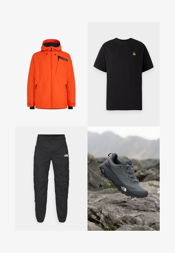 Orange waterproof jacket with a hood, featuring zippered pockets, elastic cuffs, and a black brand logo. Smooth texture and modern design.; Black cotton t-shirt with short sleeves, crew neck, and a small yellow embroidered design on the left chest area.; The North Face EXPLORATION TAPERED CONVERTIBLE - Outdoor trousers - black; Grey trail running shoe with a textured upper, durable rubber sole, and reinforced toe cap. Features laces and brand logo on the side.