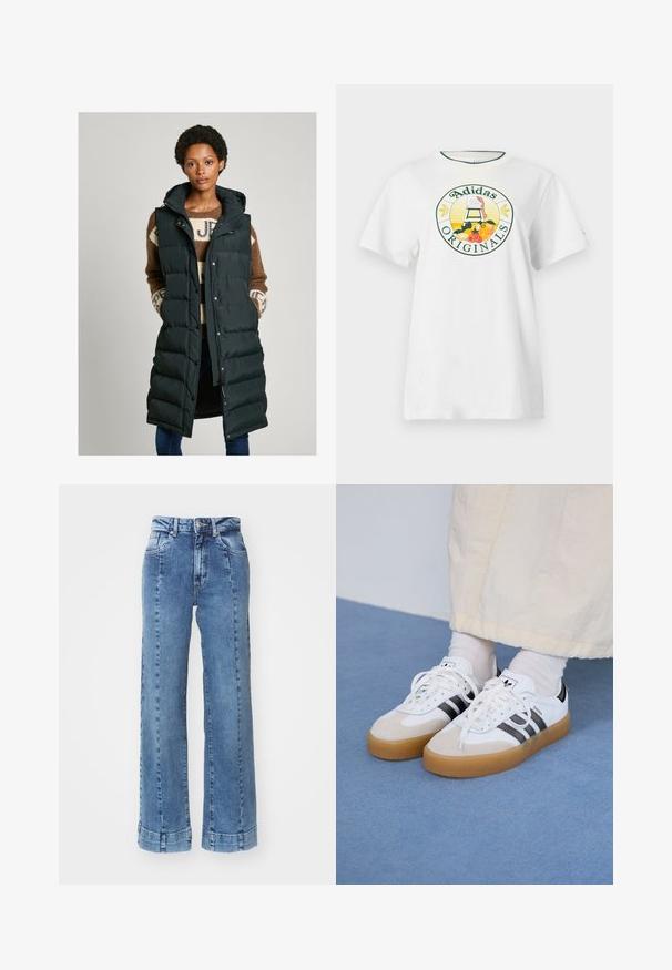 Długie czarne puchowe kamizelka z kapturem, z poziomym pikowaniem, zatrzaskami i kieszeniami po bokach, nałożona na brązowy sweter w wzory.; Biała bawełniana koszulka z krótkim rękawem, z okrągłym graficznym logo w zielonym i żółtym, przedstawiającym "Adidas Originals" oraz wzory owoców.; Jasnoniebieskie dżinsy o szerokich nogawkach i wysokim stanie, z przednimi kieszeniami i przeszyciami. Doły nogawki są podwinięte i przyszyte.; Białe sneakersy z czarnymi paskami i beżowymi zamszowymi akcentami. Posiadają teksturowaną gumową podeszwę i płaskie białe sznurowadła, noszone z jasnymi skarpetami.