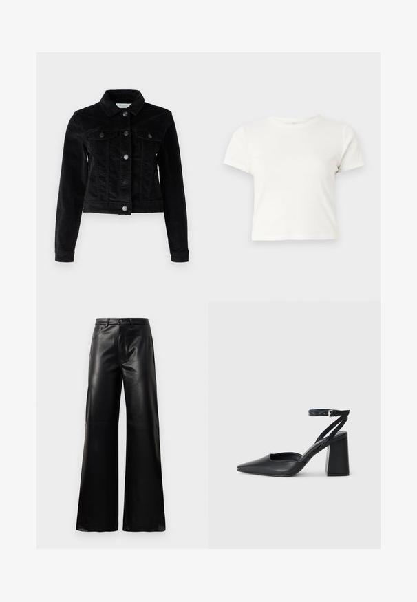 Noisy May NMDEBRA - Lahka jakna - black; Kratka bela majica iz bombaža s kratkimi rokavi, okroglim ovratnikom in ravnim robom, ki ima gladko teksturo in minimalističen dizajn.; Črne široke hlače iz umetnega usnja z visokim pasom, sprednjim gumbom, zadrgo, zanke za pas in stranskimi žepi na beli podlagi.; Črne usnjene klasične čevlje z ostrim nosom, z zaponko za gleženj in debelim peto. Ravna tekstura, eleganten dizajn in minimalistična estetika.