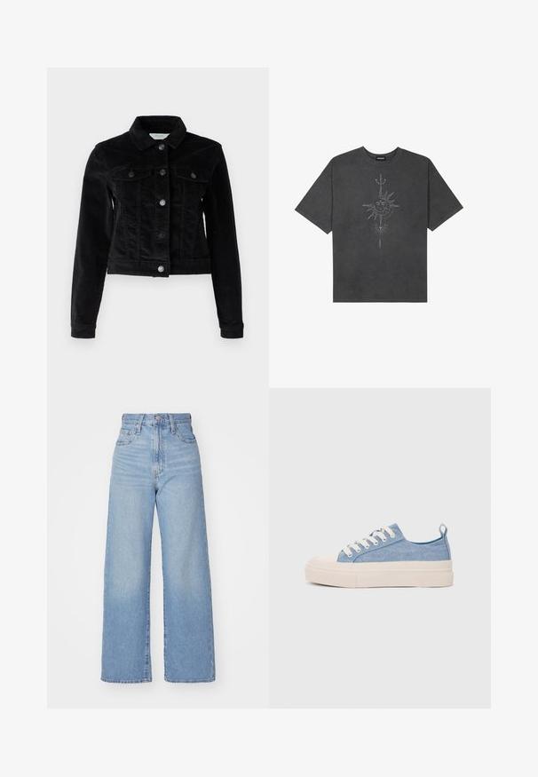 Noisy May NMDEBRA - Light jacket - black; Dark gray oversized t-shirt made of cotton, featuring a central sun graphic with intricate line details printed on the front.; Light blue high-waist wide-leg jeans with front button and zip closure, front and back pockets, on a white background.; Light blue canvas sneakers with a cream rubber toe cap and outsole, featuring white laces and a pull tab on the heel.