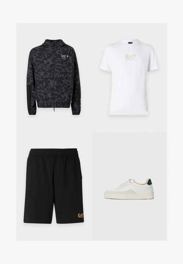 Černá kapucňová bunda s šedým abstraktním vzorem. Obsahuje zipové zapínání, elastické manžety a značkový logo na hrudi.; Bílé bavlněné tričko s kulatým výstřihem a krátkým rukávem, na přední straně s potiskem zlatého loga EA7 Emporio Armani.; Černé sportovní šortky vyrobené z měkké látky, s elastickým pasem a malým žlutým logem EA7 na dolní části levé nohy.; Bílé tenisky se semišovými prvky, kulatou špičkou, plochými tkaničkami a krémovou gumovou podrážkou. Na patě mají zelené logo.