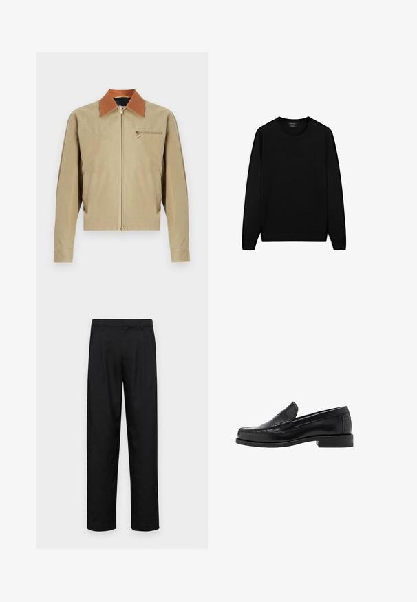 Beige jas met rits, bruine kraag, lange mouwen, twee zijzakken en een klein ritszakje met gouden medaillon aan de borst.; Zwarte lange mouwen trui met ronde hals. Gemaakt van zachte stof, met een klassieke pasvorm en geribde mouwen en onderrand. Geen patronen of accenten.; Grijze overhemd met lange mouwen, gemaakt van glad katoen. Heeft een klassieke kraag en een afgeronde zoom met zes donkere knopen aan de voorkant.; Zwarte broeken van gladde stof, met een recht model, twee voorknikken en een standaard tailleband met riemlussen.; Zwarte leren instappers met een gladde afwerking, gestikte details op de neus en een lage hakontwerp voor comfort en stijl.