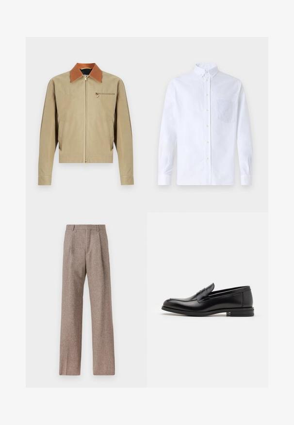 Beige jakke med lynlås, brun krave, lange ærmer, to sidelommer og en lille lynlåslomme med guldfarvet medaljevedhæng på brystet.; Hvid langærmet skjorte med knapper lavet af bomuld, med en brystlomme med tonal broderi, krave og knapmanchetter.; Brune, højtaljede bukser lavet af tekstureret stof. Har brede ben og to frontfoldninger for struktur. Pæn finish uden synlig hardware.; Sorte læderloafers med en glat overflade, rund tå og en dekorativ strop over vampen. Lav hæl med stabeldesign, minimalistisk stil.