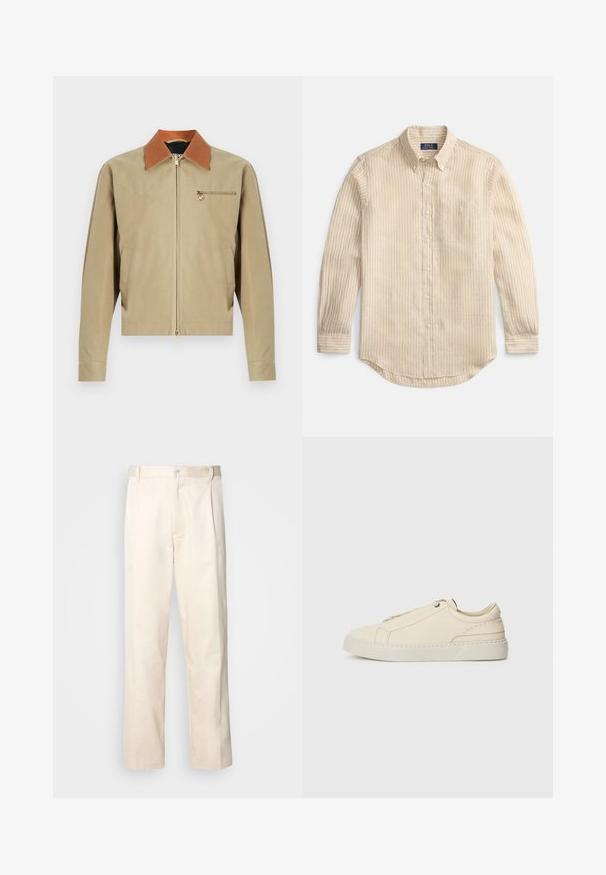 Beige Jacke mit Reißverschluss, braunem Kragen, langen Ärmeln, zwei Seitentaschen und einer kleinen Reißverschlusstasche mit goldener Medaillon-Anhänger auf der Brust.; Beige, langärmeliges Hemd mit Knöpfen, weißen vertikalen Streifen, Knopfleiste am Kragen, Brusttasche und "Polo Ralph Lauren"-Etikett im Kragen.; Beige Baumwollhose mit geradem Bein, ausgestattet mit einem Knopfverschluss und Falten an der Vorderseite für zusätzliche Details.; Beige Leder Sneaker mit runder Zehenpartie, minimalistischem Design, subtilen Nähten und strukturiertem Obermaterial auf einer hellen Sohle.