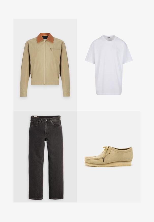 Beige-vetoketjullinen takki, jossa ruskea kaulus, pitkät hihat, kaksi sivutaskua ja pieni vetoketjutasku, jossa kullanvärinen medallion-riipus rinnan kohdalla.; Valkoinen puuvillainen t-paita, jossa on lyhyet hihat, pyöreä kaula-aukko, rento istuvuus ja ei näkyviä logoja tai kuvioita. Sileä pinta ja minimaalinen muotoilu.; Mustat farkut suoran lahkeen muotoilulla, viisi taskua ja metalliosat. Kangas on hieman teksturoitunut ja siinä on tasainen väripinta.; Vaaleanbeige mokkasiinikenkä, jossa on nauhakiinnitys, ommeltu yksityiskohtia ja kumipohja. Muotoilu on rento, jossa on kevyt kiilakorko.