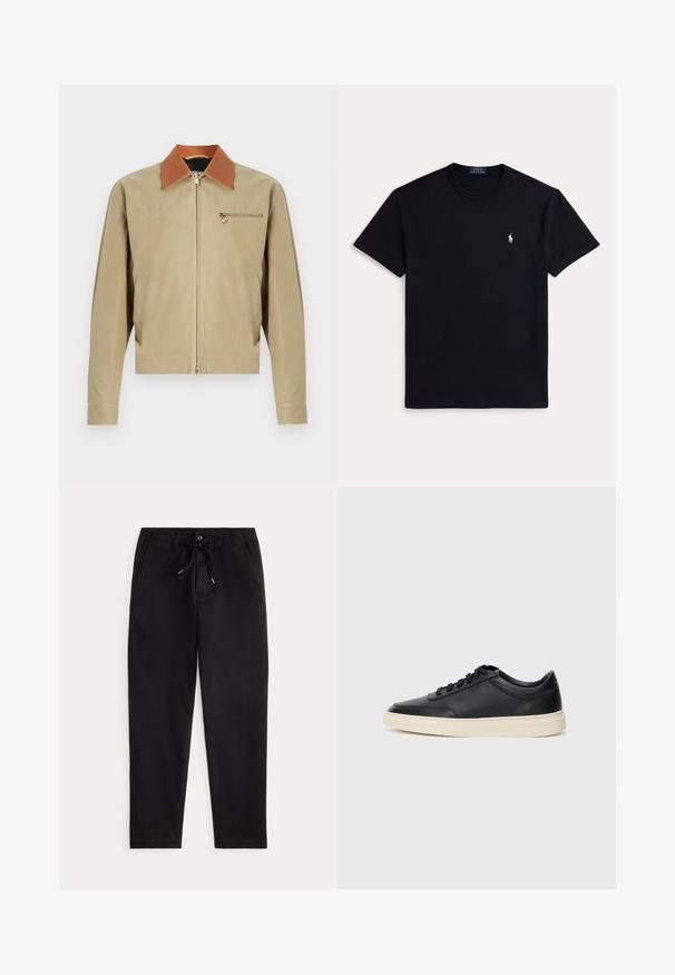 Beige zipjacka med brun krage, långärmad, två sidofickor och en liten zipficka på bröstet med guldmedaljong som hänge.; Svart bomulls-T-shirt med rund halsringning, korta ärmar och en liten broderad logga på vänster bröst. Mjuk textur.; Svarta avslappnade byxor med elastiskt midjeband, snörning, framknapp och sidofickor, visade på en enfärgad bakgrund.; Svart låg skor i läder med svarta snören och off-white sula, visas i sidoprofil på vit bakgrund.