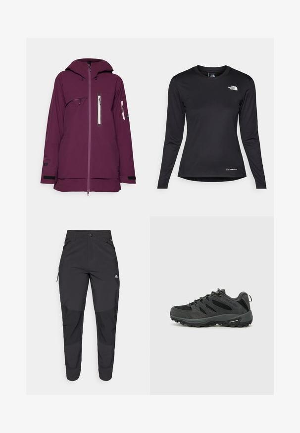 Giacca impermeabile viola con cappuccio, zip frontale e numerose tasche con zip. Presenta polsini regolabili e un orlo posteriore più lungo.; The North Face SHADOW LONG SLEEVE - Maglietta a manica lunga - black; Pantaloni neri da esterno realizzati in tessuto durevole. Presentano tasche con zip, pannelli rinforzati sulle ginocchia e un design a taglio dritto per la massima mobilità.; Columbia REDMOND - Scarpa da hiking - black/citron haze
