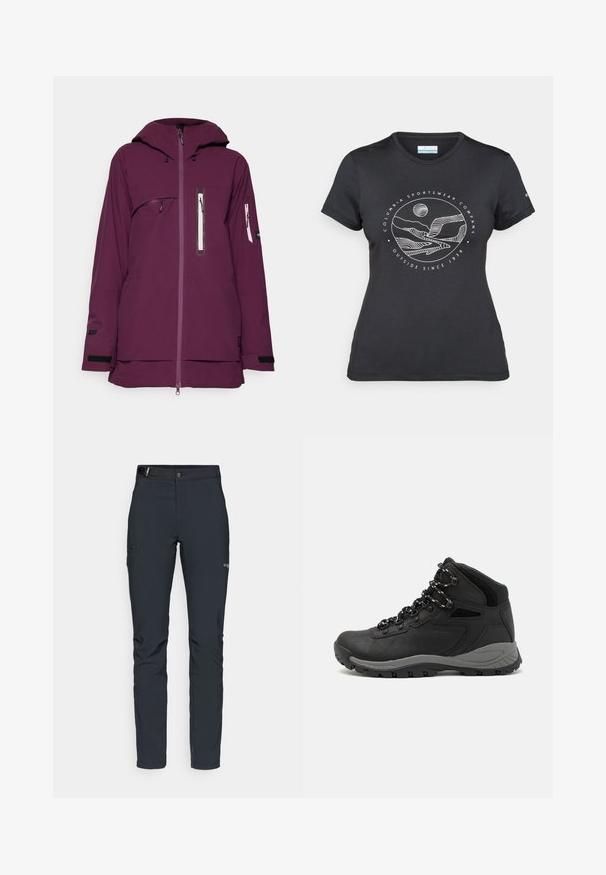 Lila wasserfeste Jacke mit Kapuze, Frontreißverschluss und mehreren Reißverschlusstaschen. Verfügt über verstellbare Manschetten und einen längeren Rücken.; Schwarzes Columbia-T-Shirt mit weißer kreisförmiger Berg- und Fluss-Linienkunst und dem Text "Columbia Sportswear Company - Draußen seit 1938."; Herren Outdoor-Hosen, dunkelgrau, aus flexiblem Material, mit einem Gürtel, Reißverschlusstaschen und verstärkten Nähten.; Schwarzer Wanderstiefel mit einem mittelhohen Design, ausgestattet mit einer strukturierten Oberfläche, grauen Akzenten und einer robusten Gummisohle mit Profilstollen.