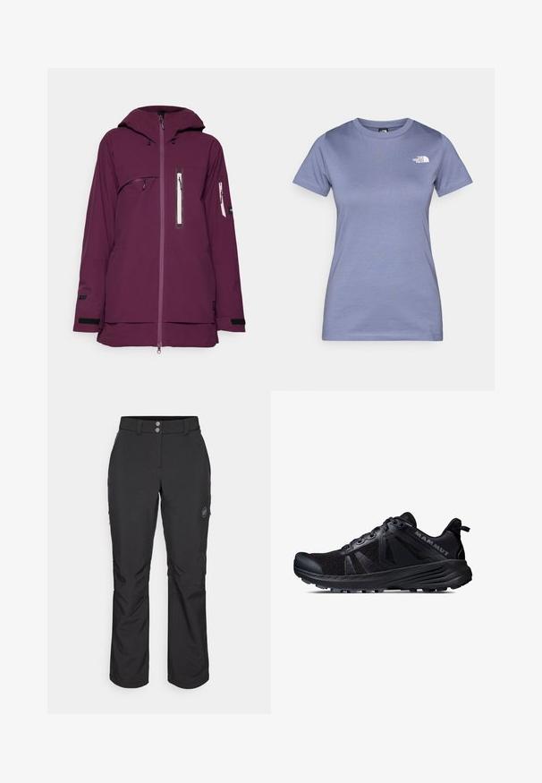 Violetinis atsparus vandeniui švarkas su kapisonu, priekiniais užtrauktukais ir keliais užtrauktukais uždaromais kišenėmis. Turi reguliuojamus rankogalius ir ilgesnį nugaros hemą.; Šviesiai violetinė trumpomis rankovėmis marškinėliai, pagaminti iš medvilnės, su apvaliu iškirpimu ir mažu baltu logotipu ant krūtinės. Lygi tekstūra.; Juoda lauko kelnės su tiesiu kirpimu, su mygtuko uždarymu, užtrauktuku užtraukiamomis šoninėmis kišenėmis ir logotipo aplikacija kairiajame šlaunyje.; Juodas bėgimo batų takams modelis su tinkline viršutine dalimi ir guminio pado. Įrengti tekstūruoti uždangalai, sustiprinta pirštų dalis ir prekės ženklas ant kulno.