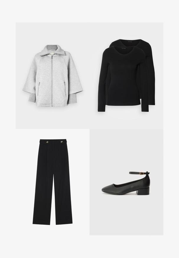 Vaaleanharmaa vetoketjullinen huppari, jossa on korkea kaulus, leveät hihat, ribatut hihansuut ja kaksi etuvetoketjullista taskua. Pehmeä kankaan rakenne.; Kaksi mustaa pitkähihaista paitaa V-aukkolla, valmistettu pehmeästä ja joustavasta kankaasta, joka osoittaa sileää tekstuuria ja istuvaa muotoa.; Mustat leveälahkeiset housut, joissa on korkea vyötärö, napit vyötärönauhassa ja etupuolella laskokset.; Mustat nahkakengät, joissa on terävä kärki ja matala lohkare korko. Varustettu nilkkahihnalla, jossa on kultasävyinen solki. Lisää sileä pinta.