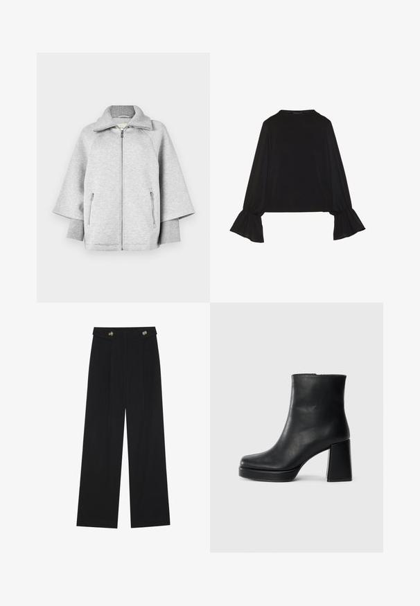 Lys grå zip-up sweatshirt med høj krave, vide ærmer, ribbede manchetter og to frontlomme med lynlås. Blød stoftekstur.; Sort langærmet top med flagrende manchetter, blød tekstur og en afslappet pasform, samt en enkel rund halsudskæring.; Sorte vide bukser med høj talje, knapdetaljer på taljebåndet og frontfald.; Sort læder ankelstøvle med blokhæl og platformssål, set fra siden på en ensfarvet hvid baggrund.