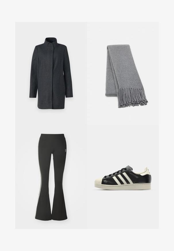 Tumši pelēkā vilnas mēteli ar augstu apkakli, garām piedurknēm un sānu kabatām. Iezīmējas ar plūstošu dizainu un gludu tekstūru.; Melns pārspīlēts džemperis no mīkstas auduma, ar baltām svītrām gar piedurknēm un mazu logo uz krūtīm. Apaļš kakls.; Melnas platas bikses no stiepjo auduma ar augstu jostasvietu un baltām sānu svītrām. Iekļauta neliela logo uz jostasvietas.; Melna ādas sporta apava ar baltām svītrām, gumijas purngala aizsardzību, melnām auklām un krēma krāsas zoli. Gluda tekstūra ar spīdīgu apdari.; Pelēks vilnas šalle ar mīkstu tekstūru, ar frizētām malām un vienkāršu dizainu. Kārtota kārtīgi, izceļot tās izstiepto formu.