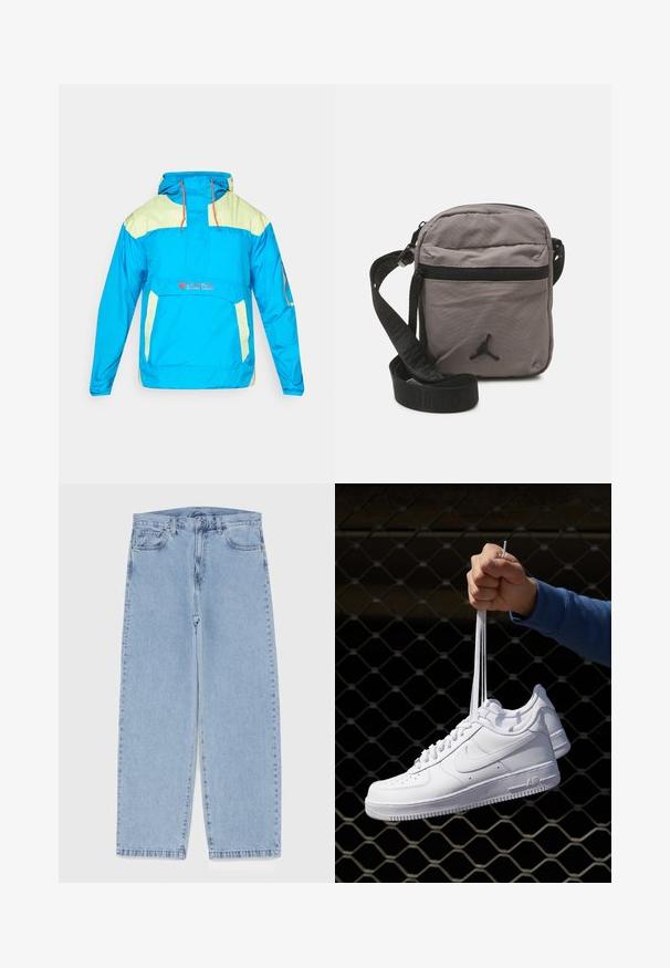 Bright blue pullover jacket with a hood, featuring lime green accents, adjustable cord, and front pocket. Made from lightweight, water-resistant material.; Light blue sweatshirt featuring a bear graphic on the front. Made of soft fabric, with ribbed cuffs and a crew neckline.; Light blue denim jeans with straight leg design, featuring a mid-rise waist, five pockets, and a button and zipper closure.; White leather sneakers with perforations, round toe, flat sole, and thick laces, featuring a visible swoosh logo and "AIR" on the heel.; Gray nylon crossbody bag with a zippered front pocket, adjustable black strap, and black logo accent on the front. Compact and lightweight design.