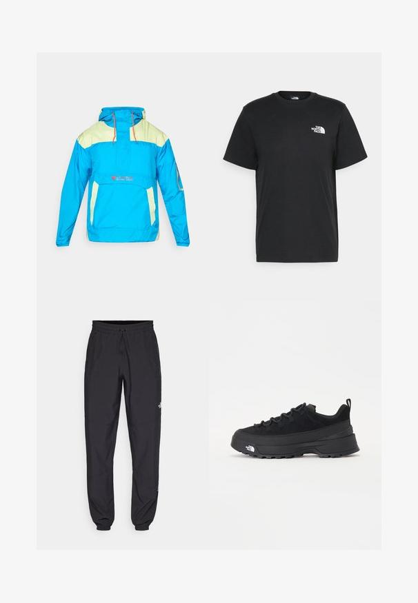 Jachetă pulover de culoare albastru strălucitor cu glugă, având accente verde lime, cordon ajustabil și buzunar frontal. Fabricată din material ușor și rezistent la apă.; Tricou negru din bumbac, cu mâneci scurte, guler rotund și un mic logo alb pe pieptul stâng. Design simplu, textură netedă și croială lejeră.; Pantaloni atletici negri, confecționați dintr-un material ușor, cu un tiv elastic la talie, buzunare laterale și tivuri ajustate la gleznă.; Tenisi de exterior negri cu superior din daim, talpă din cauciuc texturat și sistem de șireturi solid. Prezintă un călcâi întărit și un logo al mărcii pe lateral.