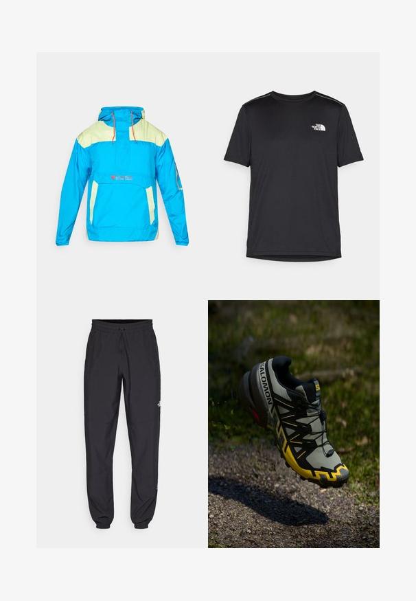 Kirkas sininen vetoketjullinen takki, jossa on huppu, limevihreät yksityiskohdat, säädettävä nyöri ja etutasku. Valmistettu kevyestä, vettä hylkivästä materiaalista.; Mustapaita lyhyillä hihoilla, joka on valmistettu kevyestä kankaasta. Siinä on pieni valkoinen logo vasemmassa rinnassa ja huomaamattomia olkakoristeita.; Mustat urheiluhousut, jotka on valmistettu kevyestä kankaasta. Housuissa on naru vyötäröllä, sivutaskut ja kapenevat hihnat nilkoissa.; Salomonin polkujuoksukengät hillityssä harmaassa, jossa on kirkkaankeltaisia yksityiskohtia. Varusteena on teksturoitu pohja, turvallinen nauhoitusjärjestelmä ja pehmustettu nilkka.