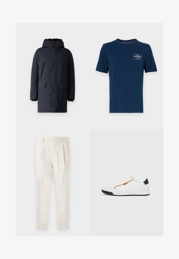 Granatowa kurtka puchowa z kapturem, dwiema przednimi kieszeniami z klapką, zamkami błyskawicznymi i ribbowymi mankietami; wykonana z gładkiej, trwałej tkaniny.; Granatowa bawełniana koszulka z okrągłym dekoltem, krótkimi rękawami i małym białym logo nadrukowanym na lewej piersi. Gładka tekstura.; Białe, plisowane spodnie o dopasowanym kroju, z gładką fakturą, szlufkami na pasek i zwężanymi nogawkami. Brak widocznych kieszeni lub wzorów.; Białe buty sportowe z siateczkowymi i skórzanymi akcentami. Posiadają złote logo "BOSS", teksturowane boczne panele i czapkę pięty w kolorze czarnym. Gumowa podeszwa.