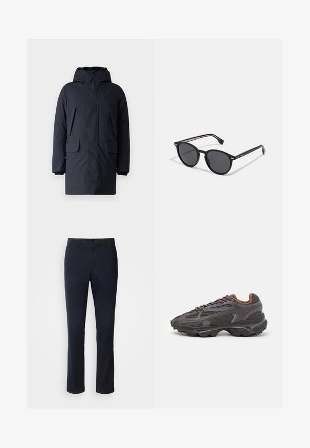 Navy puffer jacket with a hood, two front flap pockets, zippers, and ribbed cuffs; made of a smooth, durable fabric.; Black long-sleeve t-shirt made of cotton, featuring a round neckline and a small green embroidered crocodile logo on the left chest.; Navy blue trousers made of smooth fabric, featuring a straight leg design, belt loops, and a button closure with a zip fly.; Lacoste sneakers in dark gray with mesh and synthetic material, featuring a textured sole and brown accents on the collar and branding.; BOSS Sunglasses - black