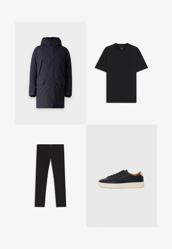 Marineblaue Steppjacke mit Kapuze, zwei vorderen Klappentaschen, Reißverschlüssen und gerippten Bündchen; aus einem glatten, strapazierfähigen Stoff gefertigt.; Schwarz T-Shirt mit kurzen Ärmeln aus einem glatten Baumwollmix, mit Rundhalsausschnitt und einem minimalistischen Design ohne Muster oder Akzente.; Schwarze Hosen aus einem Stoff mit glatter текстуре. Verfügt über einen Knopfverschluss, Gürtelschlaufen und Seitentaschen. Klassisches Design mit geradem Bein.; Schwarze Ledersneaker mit glatter Textur, beiger Gummisohle, Schnürdesign und einem kontrastierenden Fersenakzent.