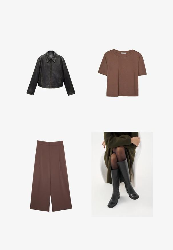 Crna kožna skraćena jakna s velikim ovratnikom, dugim rukavima i zatvaranjem na patentni zatvarač. Teksturna završna obrada s vidljivim šavovima.; Smeđi kratki rukav majica od mekog materijala, s okruglim izrezom i opuštenim krojem. Nema vidljivih uzoraka ili naglasaka.; Smeđe hlače širokog kroja s glatkom teksturom, koje imaju visok struk i nabore sprijeda. Tkanina je lagana i slobodno se kreće.; Čizme od crne kože do koljena sa četvrtastim vrhom i blok petom, prikazane s manekenkom koja sjedi u maslinasto zelenom kaputu. Glatka tekstura, minimalni detalji.