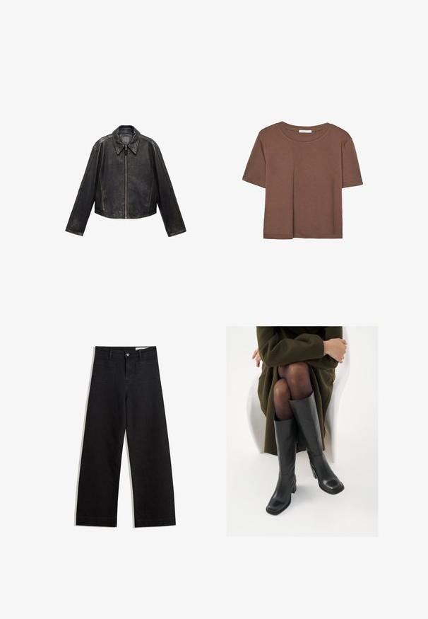Čierna kožená skrátená bunda s veľkým golierom, dlhými rukávmi a zipsom. Textúrovaný povrch s viditeľnými švami.; Hnedé tričko s krátkym rukávom vyrobené z jemného materiálu, s okrúhlym výstrihom a voľným strihom. Žiadne viditeľné vzory ani akcenty.; Čierne denimové nohavice s širokými nohavicami a vysokým pásom, so prednými a zadnými vreckami, šitými švami a zapínaním na gombík. Hladká textúra.; Čierne kožené čižmy po kolená so štvrtým prstom a blokovým opätkom, zobrazené s modelom sediacim v olivovo zelenej bunde. Hladká textúra, minimálne detaily.