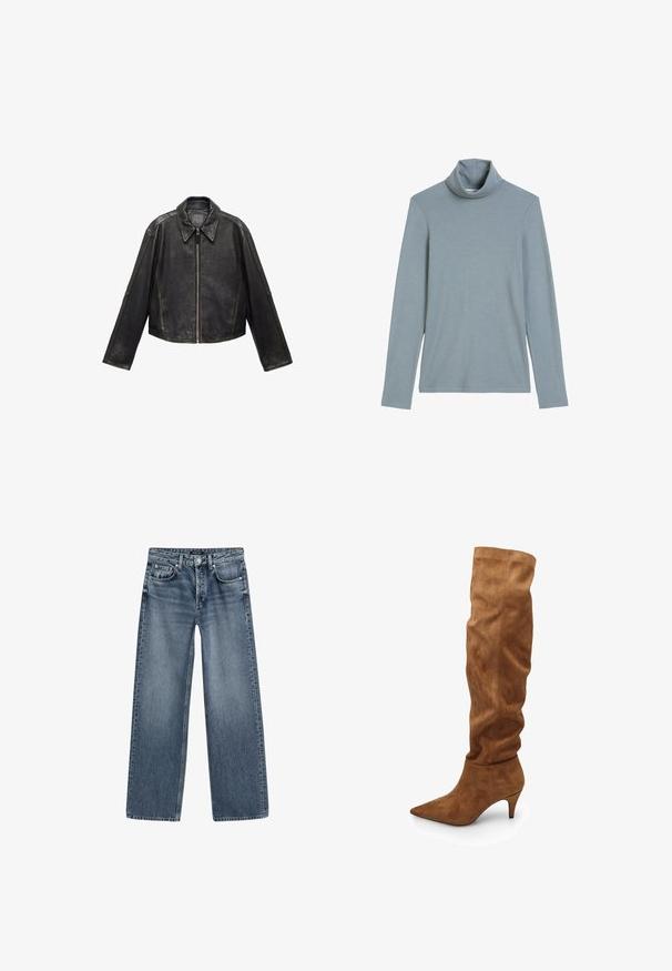 Schwarze Leder-Cropped-Jacke mit großem Kragen, langen Ärmeln und Reißverschluss. Texturierte Oberfläche mit sichtbaren Nahtdetails.; Hellblaues Langarm-Turtleneck-Shirt mit umgeschlagenem Kragen und einfacher, glatter Stofftextur auf weißem Hintergrund.; Hochtaillierte, weite Jeans aus mittlerem blauen Denim mit einem verblassten Finish, Fünf-Taschen-Design und silberfarbener Knopfverschluss.; Hohe, braune Wildlederstiefel mit einem lässigen Design, spitzer Zehenform und kleinem Absatz. Sie zeichnen sich durch eine glatte Textur und einen minimalistischen Stil aus.