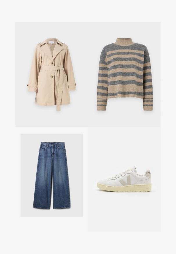Bežový trenčkot vyrobený z hladkej tkaniny, s opaskom v páse, veľkými klopami a dvoma gombíkmi vpredu. Krátke rukávy s manžetami.; Prúžkovaný pletený sveter s šedými a béžovými farbami, vysokým golierom, širokými manžetami a voľným strihom s krátkym dizajnom.; Džíny s širokými nohavicami v modrej farbe s vyblednutým povrchom, s gombíkom a zipsom, piatimi vreckami a pútkami na opasok.; Biele kožené tenisky s béžovými semišovými akcentmi, perforovanou špičkou, plochými šnúrkami a textúrovanou krémovou podrážkou. Obsahujú jemné označenie na päte.