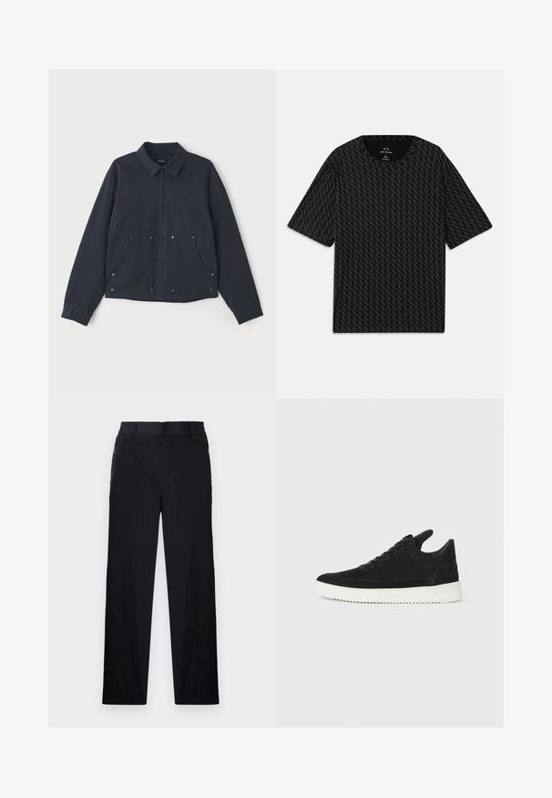 Námornícky modrá bunda z textilu s predným zipsom, špicatým golierom, dvoma veľkými prednými vreckami a diskrétnym výšivkou loga.; Čierne tričko s textúrovaným vzorom striedajúcich sa log 'A', krátke rukávy a okrúhly výstrih. Vyrobené z ľahkého materiálu.; Čierne nohavice z ľahkého textúrovaného materiálu, s priamym strihom, elastickým pásom a bočnými zipsovými vreckami.; čierne semišové tenisky s bielou gumovou podrážkou, s tonálnym prešívaním a šnurovaním. Hladká textúra s moderným, zjednodušeným tvarom.