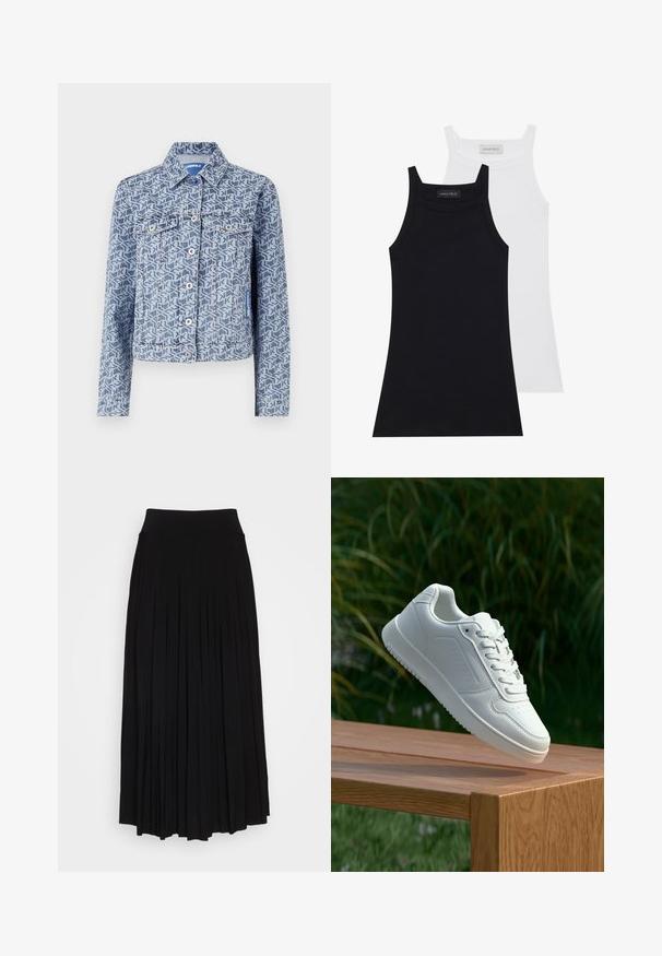 Jeansjacka med ett geometriskt blått mönster, knäppning framtill, två bröstfickor och en klassisk krage.; Två ärmlösa toppar i svart och vitt. Gjorda av mjukt, elastiskt material med ribbad textur och en figurnära design. Har smala axelband.; Svart plisserad kjol med högt, elastiskt midjeband. Tillverkad av mjukt tyg, med vertikala plisseringar för en flytande silhuett.; Vita sneakers med en slät syntetisk ovandel, perforerat tåparti, platta snören och en strukturerad sula, placerade på en träyta.