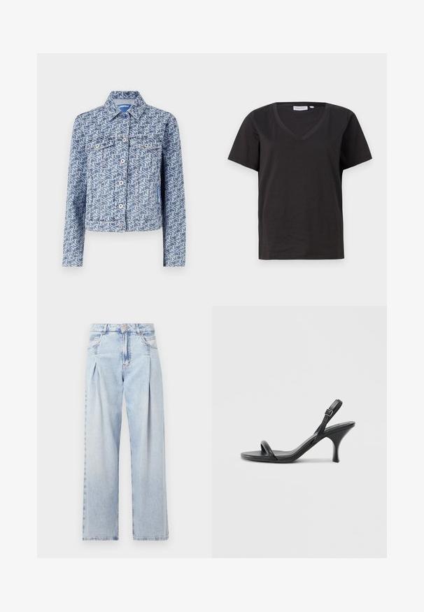 Džinsu jaka ar ģeometrisku zilu rakstu, pogu priekšpuses aizdare, divas krūšu kabatas un klasiskas apkakles dizains.; Melnas kokvilnas T-krekls ar V veida kakla izgriezumu un īsām piedurknēm. Vienkāršs dizains ar regulāru piegriezumu un bez rakstiem vai akcentiem.; Gaiši zilas džinsu bikses ar augstu jostasvietu, plats kāju griezumu, divām sānu kabatām un krokotā dizaina akcentiem. Mīksta tekstūra ar izdilušu apdari.; Melnas ādas augstpapēžu sandales ar plānu, izliekta formas papēdi un krustenisku siksnu dizainu. Regulējama potītes siksna. Gluda tekstūra.