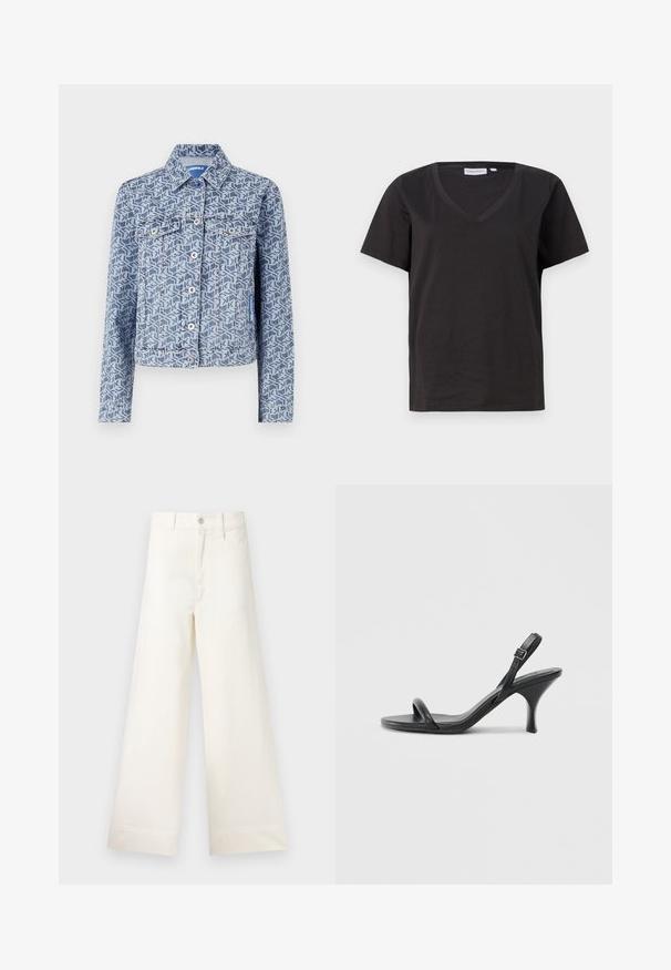 Dongerijakke med et geometrisk blått mønster, knappelukking foran, to brystlommer og klassisk krage.; Svart bomull T-skjorte med V-hals og korte ermer. Enkel design med vanlig passform og uten mønstre eller detaljer.; Vide bukser i lys beige bomull. Har høy midje, frontlommer og rett passform. Renslig søm uten mønstre.; Sorte skinnhøye hæler med en slank, buet hæl og et kryssrem-design. Justerbar ankelrem. Glatt tekstur.
