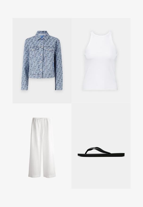 Jeansjacka med ett geometriskt blått mönster, knäppning framtill, två bröstfickor och en klassisk krage.; Vit ärmlös linne av ribbat tyg, med rundad halsringning och smal silhuett, med minimala sömmar och utan dekorationer.; Vita linnebyxor med vid benstil, elastisk midja, dragsko och en luftig, flödande design, med rena kanter och inga synliga mönster.; Svart gummislip-in sandal med ett texturerat rem och enkel platt sula, visas från sidan på en enkel ljus bakgrund.
