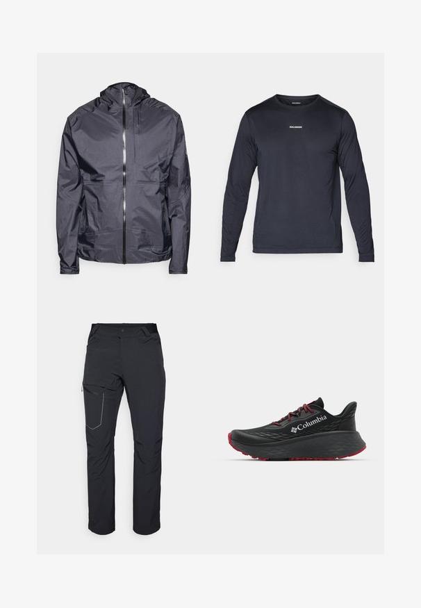 Tumehall teraparkiga kergjacket, mis on varustatud esikinnitusega, minimaalsete õmblustega ja ühe rinnataskuga, valmistatud siledast veekindlast materjalist.; Pikad varrukad, tumesinine spordipaita, mis on valmistatud kergest, hingavast kangast, millel on tekstuuriga viimistlus ja väike valge logo rinnal.; Mustad musta värvi välispüksid, millel on tõmblukuga reiepocket, elastne vöökoht ja sile, veekindel kangas. Puhas disain ilma nähtavate logodeta.; Mustan värvi spordijalats tekstuuriga pealisega, punaste paelte ja logoga. Paksem tallaga, millel on mustritooted kaheksast edasi liikumiseks. Minimalistlik disain, külgvaade.