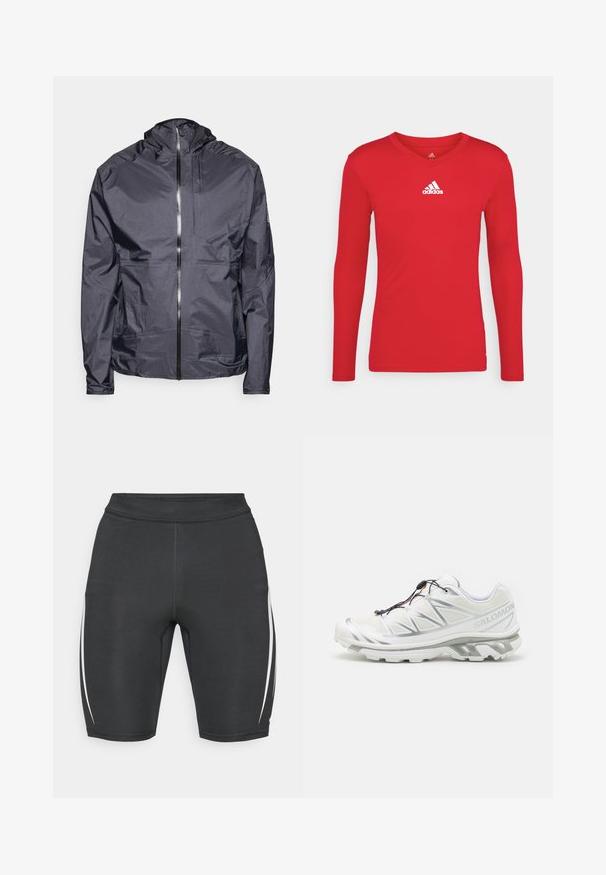 Tamsiai pilkas lengvas džemperis su kapišonu, priekiniais užtrauktukais, minimaliais siūlais ir viena krūtine kišene, pagamintas iš lygios, vandeniui atsparios medžiagos.; Raudona ilgaa rankovė sportinė marškinė, pagaminta iš lygaus, tamprios medžiagos. Yra V formos iškirptė ir balta Adidas logo ant krūtinės.; Juodos sportinės šortai su baltais šoninėmis juostelėmis, pagaminti iš elastingos medžiagos, su aukštu juosmeniu ir prigludusia forma patogumui.; Baltas sportinis batelis su tekstūruotu viršumi, atspindinčiais akcentais ir pilka pado spalva. Yra ryškiai akcentuoti trikampiai raštai ir greito užrišimo sistema.