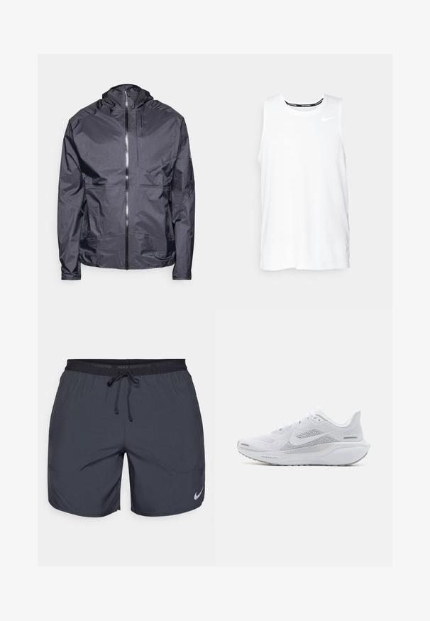 Dark gray lightweight jacket with a hood, front zipper, minimal seams, and a single chest pocket, made from smooth, water-resistant material.; White sleeveless Nike running top with a round neckline, smooth texture, and black Nike logo on the upper left chest.; Nike running shorts in dark gray, featuring an elastic waistband with a drawstring and a silver logo accent on the lower right leg.; White athletic shoe with a mesh upper, smooth textured overlays, grey accents, laces, and a cushioned sole designed for performance.
