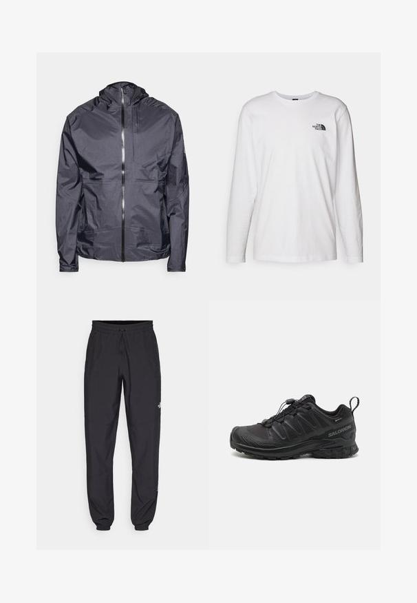 Veste légère grise foncée avec une capuche, fermeture éclair à l'avant, coutures minimales et une poche sur la poitrine, fabriquée en matériau lisse et résistant à l'eau.; T-shirt blanc à manches longues en coton avec un col rond. Présente un petit logo noir sur la poitrine. Texture lisse, coupe régulière.; Pantalon de sport noir en tissu léger, avec une taille à cordon, des poches latérales et des chevilles resserrées.; Chaussure de sport noire avec une tige synthétique texturée, une semelle rembourrée et un système de laçage rapide. Elle présente un bout et un talon renforcés.