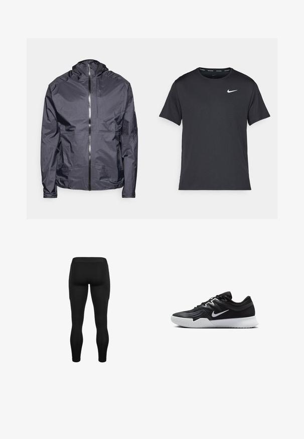 Dunkelgraue, leichte Jacke mit Kapuze, Frontreißverschluss, minimalen Nähten und einer einzelnen Brusttasche, gefertigt aus glattem, wasserabweisendem Material.; Schwarzes Nike Lauft-Shirt aus leichtem, atmungsaktivem Material, mit kurzen Ärmeln und einem kleinen weißen Logo auf der Brust.; Schwarze Sportleggings aus einem glatten, dehnbarem Material, mit einem figurbetonten Schnitt und seitlichen Taschen zur Aufbewahrung.; Schwarzer Sportschuh mit strukturiertem Obermaterial, weißem Nike-Warenzeichen und einer weißen Gummisohle. Verfügt über ein Schnürdesign und eine dynamische Form.