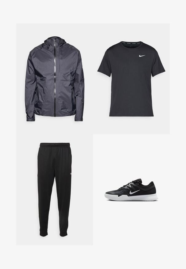 Tmavě šedá lehká bunda s kapucí, předním zipem, minimalistickými švy a jednou náprsní kapsou, vyrobená z hladkého, voděodolného materiálu.; Černé běžecké tričko Nike vyrobené z lehkého a prodyšného materiálu, s krátkými rukávy a malým bílým logem na hrudi.; Černé sportovní kalhoty vyrobené z hladké tkaniny, s elastickým pasem, zúženými nohavicemi a malým bílým logem na levé straně.; Černá atletická bota s texturovaným svrškem, bílým logem Nike a bílou gumovou podrážkou. Disponuje šněrovacím designem a dynamickým tvarem.