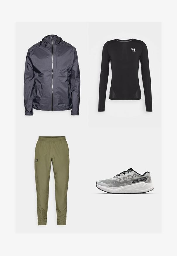 Σκούρο γκρι ελαφρύ μπουφάν με κουκούλα, μπροστινό φερμουάρ, ελάχιστες ραφές και μία θήκη στο στήθος, κατασκευασμένο από λείο, ανθεκτικό στο νερό υλικό.; Μαύρο αθλητικό μπλουζάκι μακρυμάνικο από λεία, ελαφριά ύφασμα. Διαθέτει εφαρμοστή γραμμή και πλέγμα στα πλευρά. Λογότυπο Under Armour στο στήθος.; Ελαιόχρωμο αθλητικό παντελόνι με ελαστική μέση, στενές γάμπες, λείο υλικό και μικρό μαύρο λογότυπο στη αριστερή πλευρά.; Γκρίζα αθλητικά παπούτσια τρεξίματος με πλέγμα, μαύρες λεπτομέρειες και λευκή μεσαία σόλα. Διαθέτουν ενισχυμένη μύτη και επίπεδα κορδόνια για ασφαλή εφαρμογή.