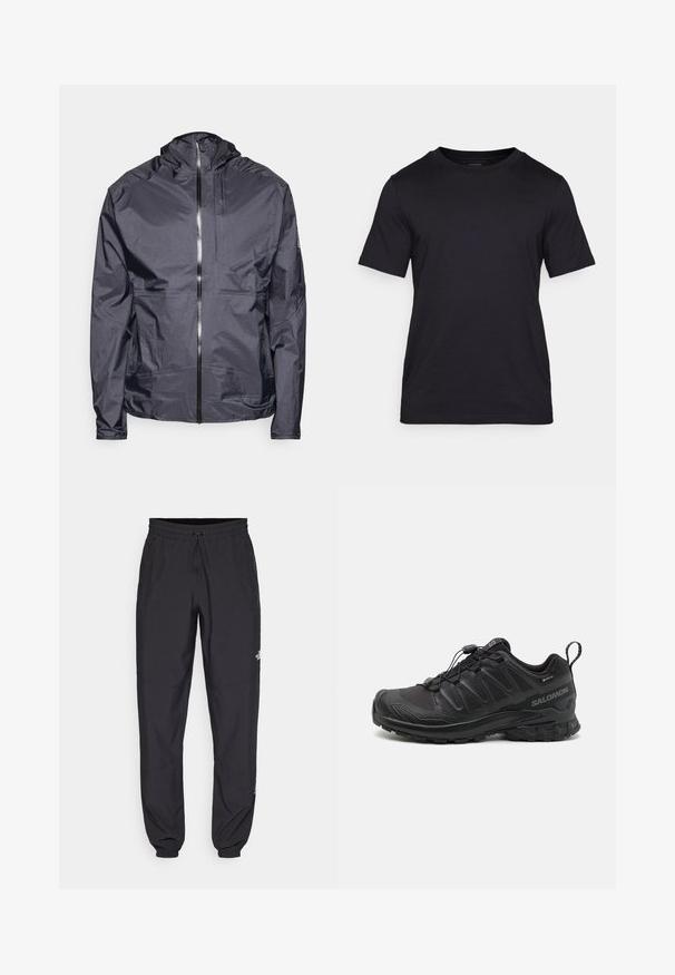 Tummanharmaa kevyt takki hupulla, etu vetoketjulla, vähillä saumoilla ja yhdellä rintataskulla, valmistettu sileästä, vedenkestävästä materiaalista.; Mustat T-paidat, jotka on valmistettu sileästä kankaasta, jossa on pyöreä kaula-aukko ja lyhyet hihat. Huomaamaton brändäys painettuna mustana rintaan.; Mustat urheiluhousut, jotka on valmistettu kevyestä kankaasta. Housuissa on naru vyötäröllä, sivutaskut ja kapenevat hihnat nilkoissa.; Musta urheilukenkä, jossa on teksturoitu synteettinen päällinen, pehmustettu pohja ja nopea nauhoitusjärjestelmä. Varustettu vahvistetulla varpaalla ja kantapäällä.