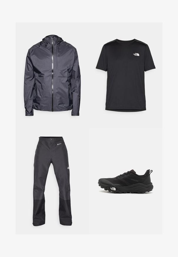 Mörkgrå lättviktsjacka med huva, framsida dragkedja, minimala sömmar och en enda bröstficka, tillverkad av ett slätt, vattenavvisande material.; Svart kortärmad T-shirt i lättviktig tyg. Har en liten vit logotyp på vänster bröst och subtila axeltoner.; Svarta vattentäta byxor med en slät yta, med en GORE-TEX-logotyp på framsidan och förstärkta nedre ben för ökad hållbarhet.; Svart terränglöparsko med en strukturerad ovandel, gummisula och förstärkt tåhätta. Har en vadderad krage och en dragflik för enkel påtagning.