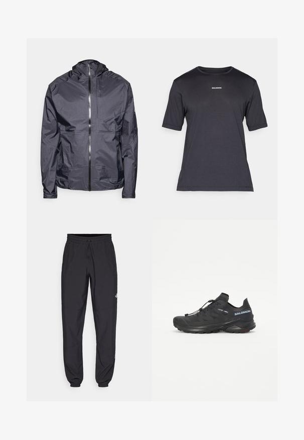 Mørkegrå letvægtsjakke med hætte, frontlynlås, minimale sømme og en enkelt brystlomme, lavet af glat, vandafvisende materiale.; Sort kortærmet performance t-shirt lavet af åndbart stof, med rund halsudskæring og lille hvid "SALOMON" logo på brystet.; Sorte atletiske bukser lavet af letvægtsstof, med en snor i taljen, sidelommer og tapered manchetter ved anklerne.; Sort trail løbesko med en tekstureret overdel, elastiske snørebånd og Contagrip ydersål. Har en tætsiddende pasform og beskyttende tåhætte.