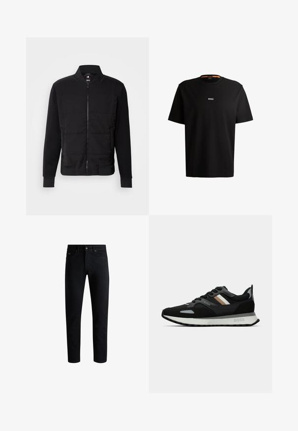 Must have musta, millel on padjakleidi torso, ühtlast värvi varrukad, soonikud ja eesmine lukuga sulgemine. Materjal koosneb sünteetilisest ja puuvillasegust.; Must musta T-särk ümmarguse kaelusega, lühikeste varrukatega ja valge "BOSS" logoga, mis on keskendatud rinnale. Sile tekstuur, võimaldab mugavat istuvust.; Must mustrikot, viie taskuga, nupuga sulgus ja vöökonksudega, esitatud valge tausta ees.; Mustmustreen jooksujalats, millel on tekstuuriga pind, helesinised aktsendid ja kolm horisontaalset triipu pruunis. Omab valget pehmendatud tallat.