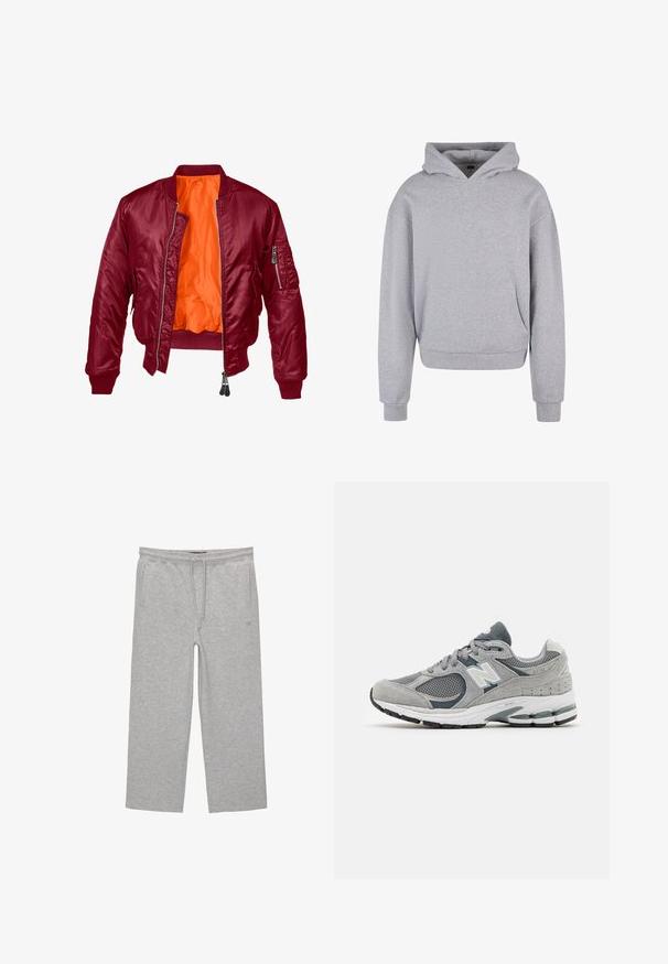 Burgundska bomber jakna z zadrgo spredaj, rebrastimi manšetami in oranžno notranjostjo. Ima zadrgo žep na levem rokavu. Gladka tekstura.; Siva bombažna kapuca z sprednjim žepom, kapuco s vrvico in rebrastimi manšetami ter robom. Ima mehak, strukturiran zaključek.; Sive bombažne hlače za prosti čas z elastičnim pasom, vrvico in dvema stranskima žepoma; ravna zasnova nogavic, mehak material, brez vzorcev.; Sive češnje z mrežastim in usnjenim materialom, ki imajo belo logotip, oblazinjen ovratnik in teksturiran gumijast podplat. Akcenti v temnejši sivi barvi.