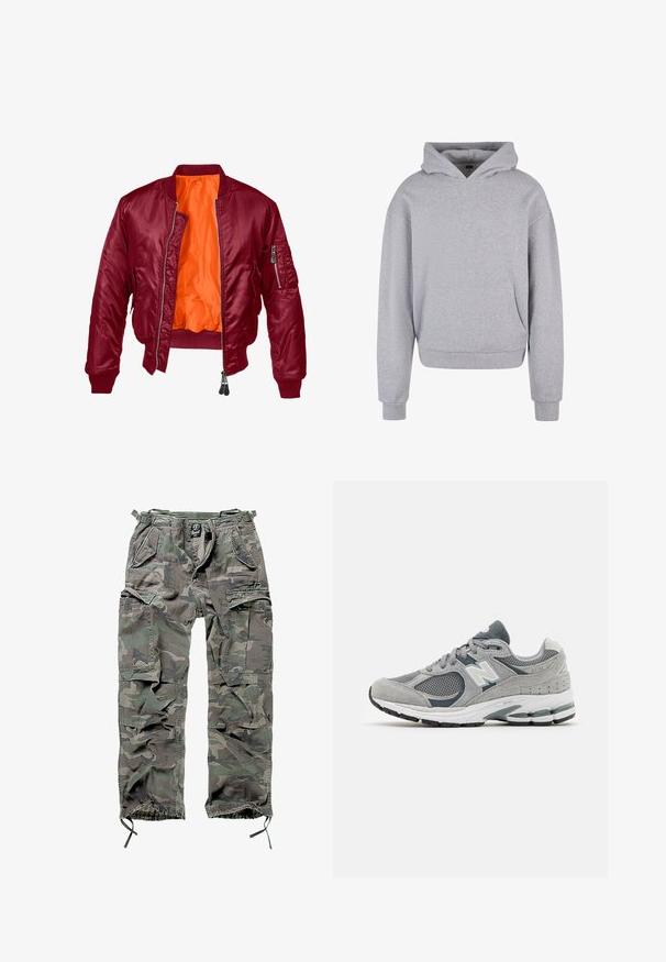 Burgundská bomber bunda se zipem vpředu, úplety na rukávech a oranžovým vnitřkem. Obsahuje zipovou kapsu na levém rukávu. Hladký povrch.; Šedá bavlněná mikina s kapucí a přední kapsou, šňůrkami na stažení a žebrovanými manžetami a lemem. Disponuje měkkým, strukturovaným povrchem.; Maskovací cargo kalhoty v zelené a šedé barvě, s více kapsami, elastickým pasem, nastavitelnými manžetami na kotnících a volným střihem.; Šedé tenisky vyrobené z prodyšné síťoviny a semišových materiálů, s bílým logem, polstrovaným límcem a texturovanou gumovou podešví. Akcenty ve tmavě šedé barvě.