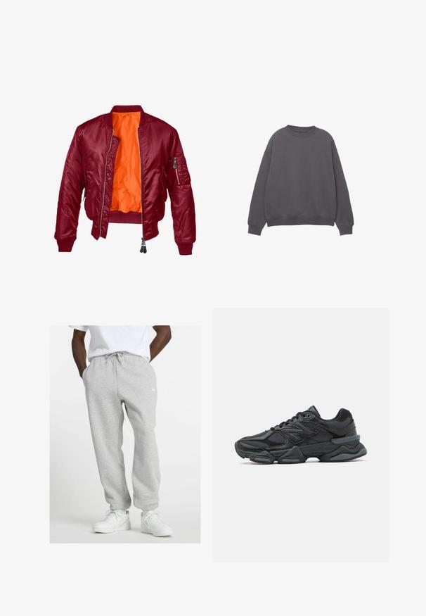 Burgundská bomber bunda so zipsom vpredu, rebrovanými manžetami a oranžovým vnútrom. Obsahuje zipsovú kapsu na ľavom rukáve. Hladká textúra.; Tmavošedá mikina s dlhým rukávom a rebrovanými manžetami a lemom, prezentovaná na bielom pozadí.; Muž v svetlo sivých teplákoch s brmbolcom a bielych teniskách, stojaci s rukami v vreckách na bielom pozadí.; Čierna bežecká obuv so zmesou sieťoviny a syntetických materiálov, robustnou podrážkou, zakriveným dizajnom a výrazným logom na boku.