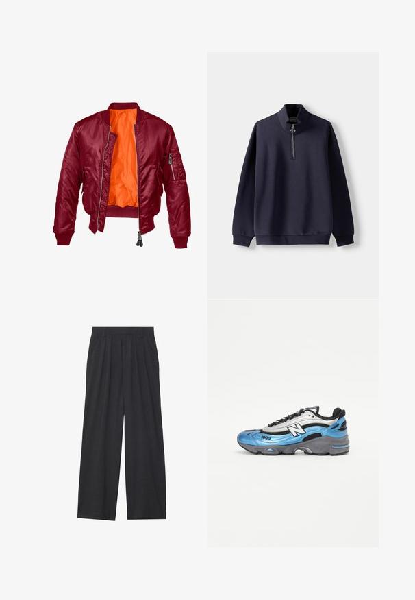 Burgundy bomber jacket with a zip front, ribbed cuffs, and an orange interior. Features a zip pocket on the left sleeve. Smooth texture.; Navy pullover sweatshirt with a high collar, half zip, soft texture, and long sleeves. Features a ring pull zipper detail.; Wide-leg trousers made of dark gray fabric. Features pleats at the waist, a tailored design, and a straight silhouette.; Blue and silver athletic shoe with mesh and synthetic materials, featuring a thick gray sole and prominent black accents. Model number 1000 visible.