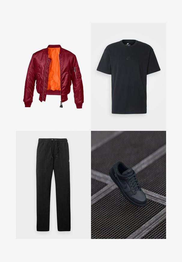 Jacheta bomber burgundă cu fermoar frontal, manșete ribbate și interior portocaliu. Prezintă un buzunar cu fermoar pe mâneca stângă. Textură netedă.; Tricou din bumbac negru Nike, cu guler rotund clasic, mâneci scurte și un logo subtil embosat pe piept. Textură netedă.; Pantaloni de trening negri din fleece, cu talie elastică și șnururi, două buzunare frontale și un logo mic pe coapsă.; Adidași Nike din piele neagră, cu vârful rotunjit, vamp perforat și talpă din cauciuc texturat. Inclusiv șireturi și branding subtil.
