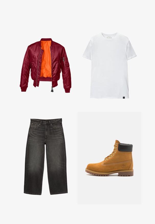 Burgundi bomber dzseki, elöl cipzárral, bordás mandzsettákkal és narancssárga belsővel. A bal ujjon cipzáros zseb található. Sima textúra.; Fehér, izmos szabású póló, tiszta pamutból készült. Kerek nyak, rövid ujjú, sima tapintású. Kis fekete logó címke az alsó szegélyen. Egyszerű dizájn.; Fekete, széles lábú farmernadrág, elülső zsebekkel, övhurkokkal és gombos záródással, amely finom fakulással és gyűrődéssel rendelkezik.; Barna velúr bokacipő fekete párnázott gallérral, arany fém fűzőlyukakkal, fehér varrási részletekkel és durva gumitalppal, amelynek kifejezett barázdái vannak.